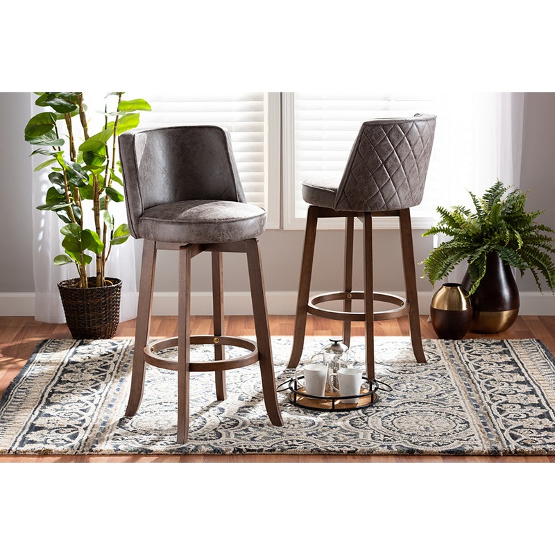 Baxton Studio Adams Modern Transitional Distressed Grey Fabric Upholstered and Walnut Brown Finished Wood 2-Piece Bar Stool Set