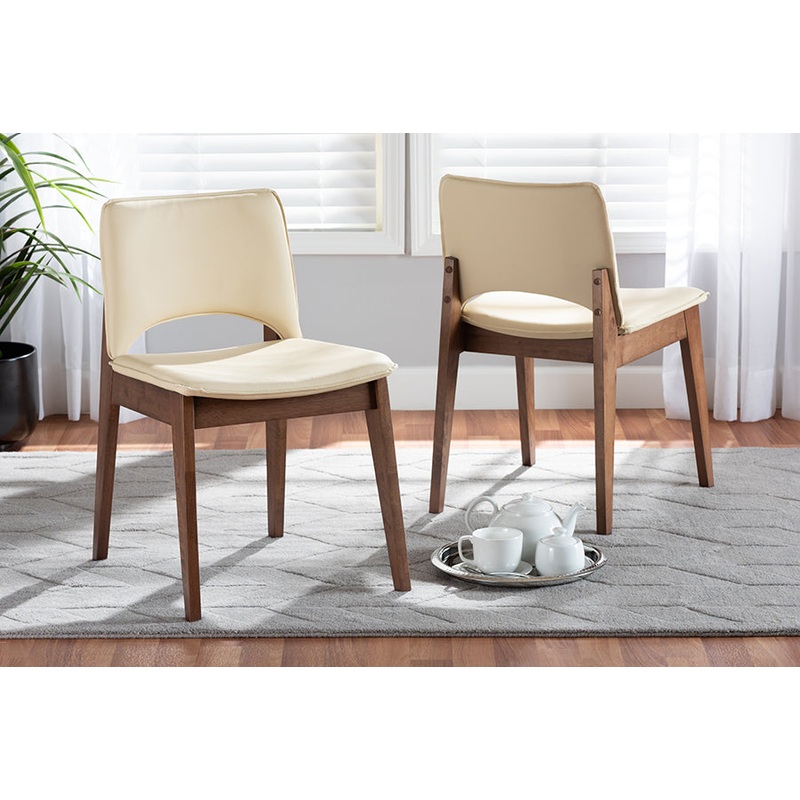 Baxton Studio Afton Mid-Century Modern Beige Faux Leather Upholstered and Walnut Brown Finished Wood 2-Piece Dining Chair Set