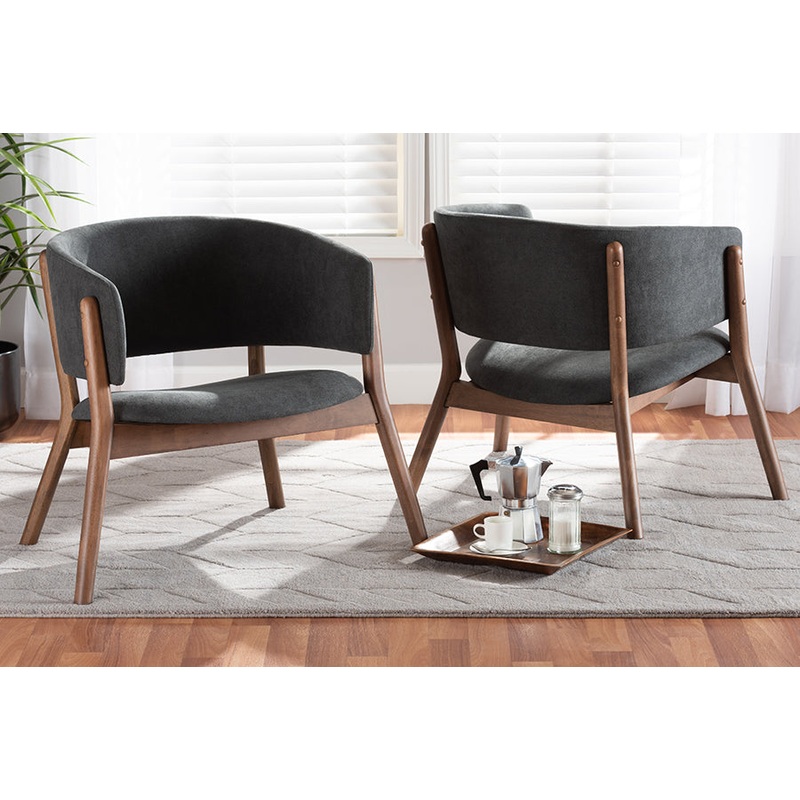 Baxton Studio Baron Mid-Century Modern Dark Grey Fabric Upholstered and Walnut Brown Finished Wood 2-Piece Living Room Accent Chair Set