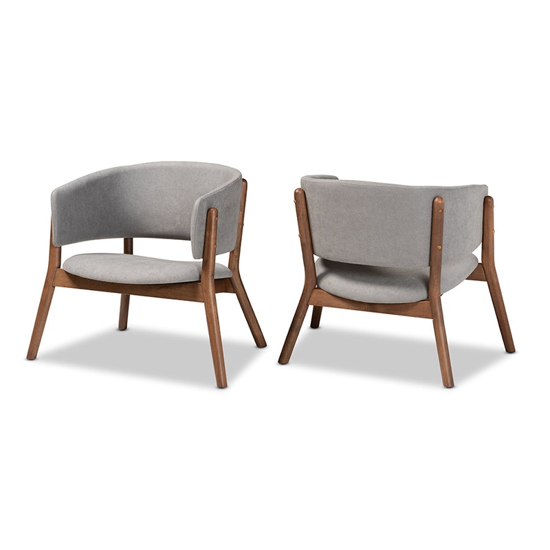 Baxton Studio Baron Mid-Century Modern Light Grey Fabric Upholstered and Walnut Brown Finished Wood 2-Piece Living Room Accent Chair Set