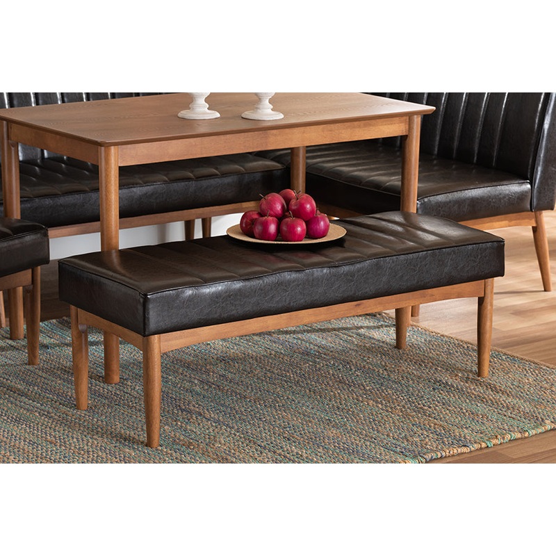 Baxton Studio Daymond Mid-Century Modern Dark Brown Faux Leather Upholstered and Walnut Brown Finished Wood Dining Bench