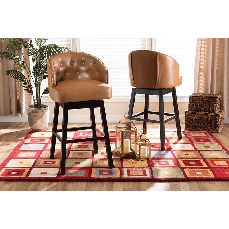 Baxton Studio Theron Modern and Contemporary Transitional Tan Faux Leather Upholstered and Dark Brown Finished Wood 2-Piece Swivel Bar Stool Set