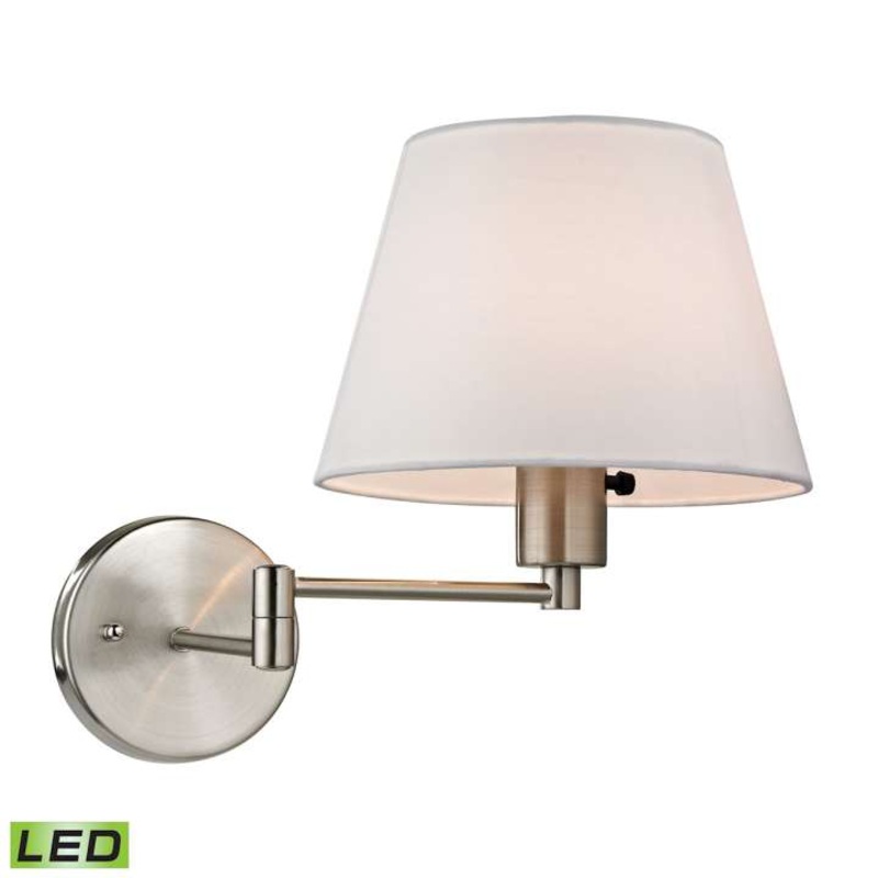 Avenal 1-Light Swingarm Wall Lamp in Brushed Nickel with White Fabric Shade - Includes LED Bulb