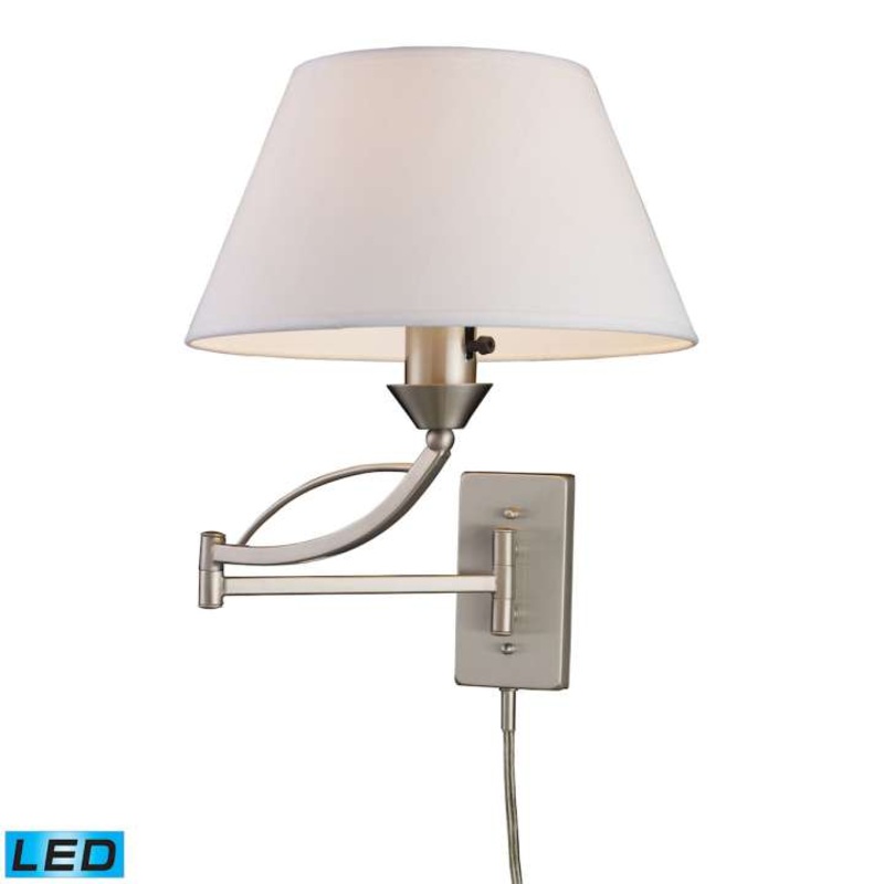 Elysburg 1-Light Swingarm Wall Lamp in Satin Nickel with White Fabric Shade - Includes LED Bulb