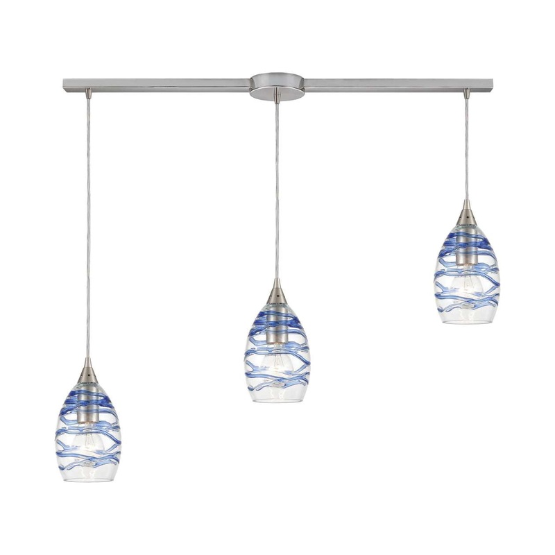 Vines 3-Light Linear Mini Pendant Fixture in Satin Nickel with Clear Glass with Aqua Blue Strip