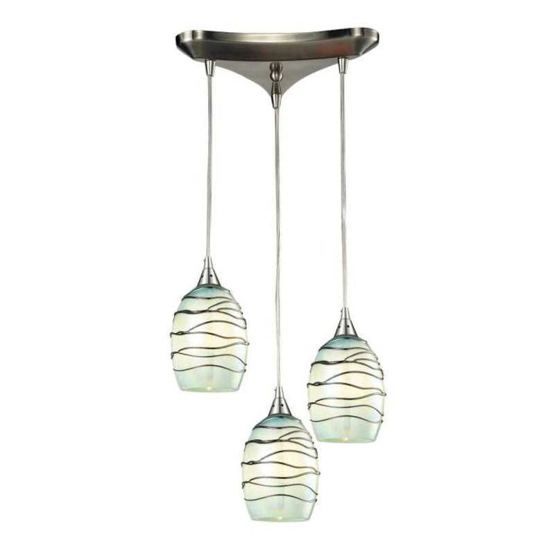 Vines 3-Light Triangular Pendant Fixture in Satin Nickel with Mint Glass