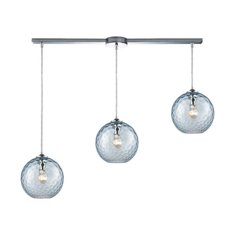 Watersphere 3-Light Linear Mini Pendant Fixture in Chrome with Hammered Aqua Glass