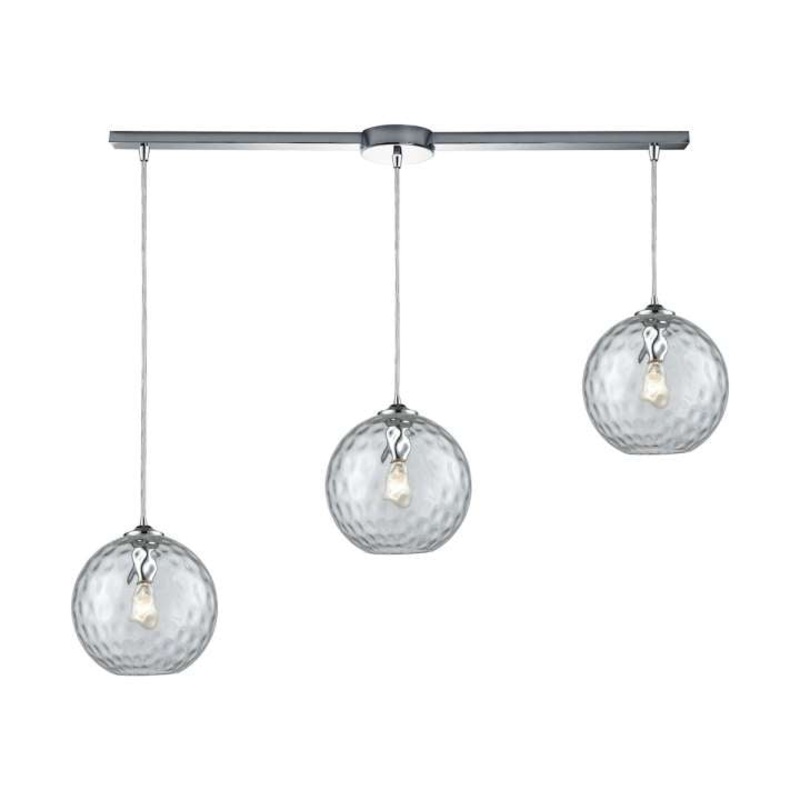 Watersphere 3-Light Linear Mini Pendant Fixture in Chrome with Hammered Clear Glass