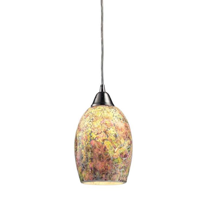 Avalon 1-Light Mini Pendant in Satin Nickel with Multi-colored Crackle Glass