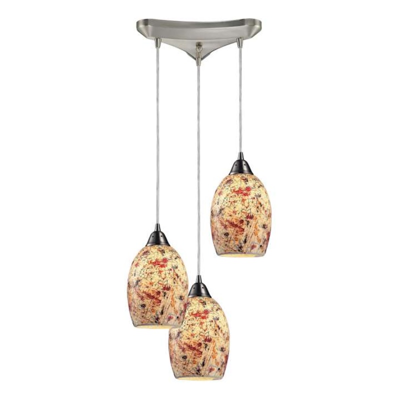 Avalon 3-Light Triangular Pendant Fixture in Satin Nickel with Multi-colored Crackle Glass