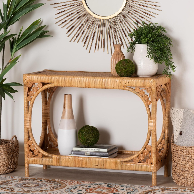 Baxton Studio bali & pari Ramona Modern Bohemian Light Honey Rattan Console Table