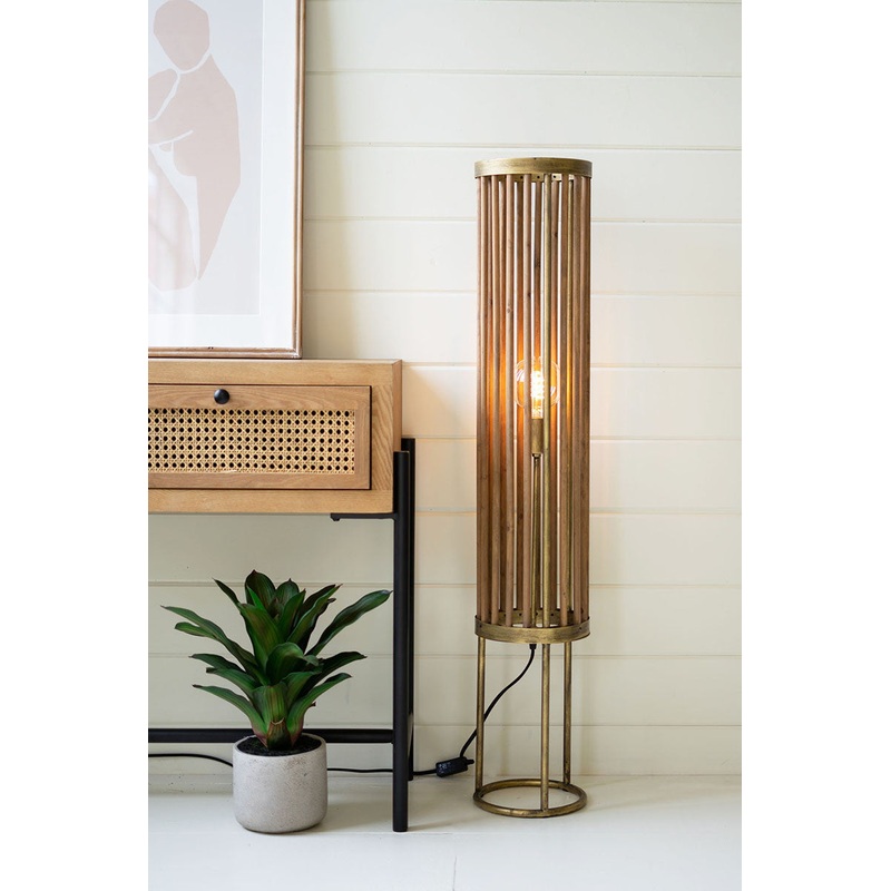 Round Brass & Wood Cylinder Floor Lamp By Kalalou