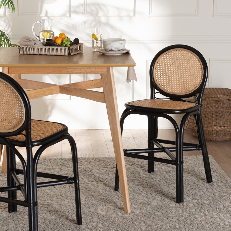 Baxton Studio bali & pari Ayana Mid-Century Modern Two-Tone Black and Natural Brown Rattan Counter Stool