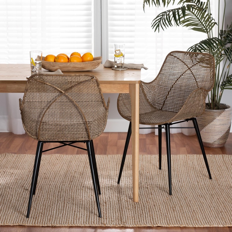 Baxton Studio bali & pari Ballerina Modern Bohemian Greywashed Rattan and Black Metal 2-Piece Dining Chair Set