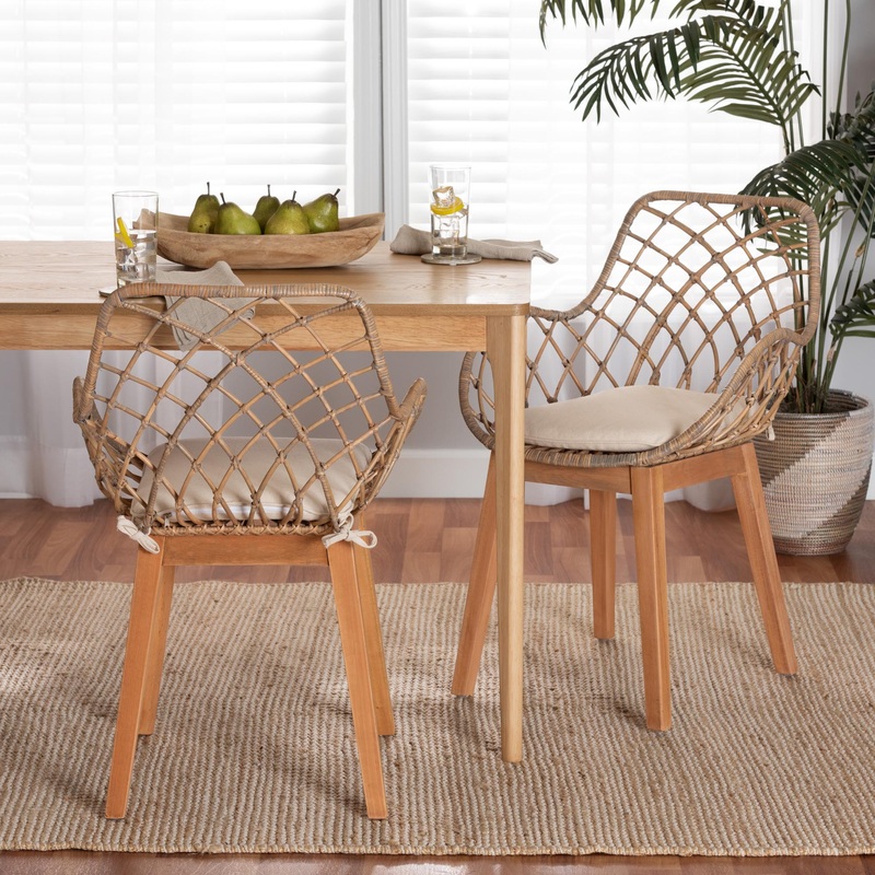 Baxton Studio bali & pari Ballerina Modern Bohemian Greywashed Rattan and Natural Brown Finished Wood 2-Piece Dining Chair Set