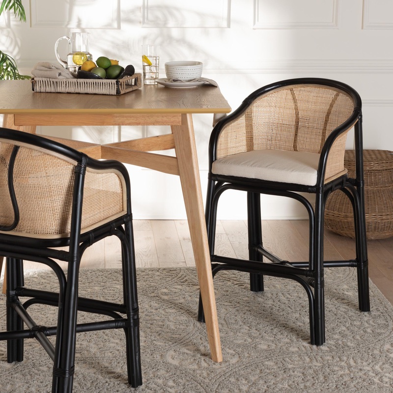 Baxton Studio bali & pari Miranda Modern Bohemian Two-Tone Black and Natural Brown Rattan Counter Stool