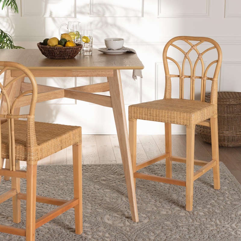 Baxton Studio bali & pari Monaco Modern Bohemian Natural Rattan and Mahogany Wood Counter Stool