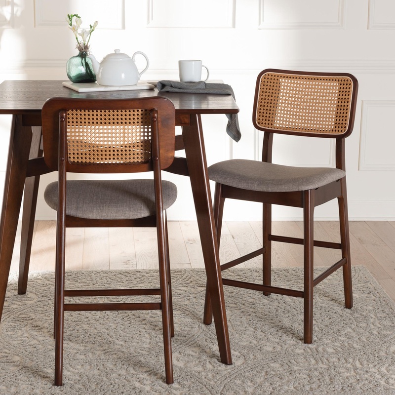 Baxton Studio Dannon Mid-Century Modern Grey Fabric and Walnut Brown Finished Wood 2-Piece Counter Stool Set