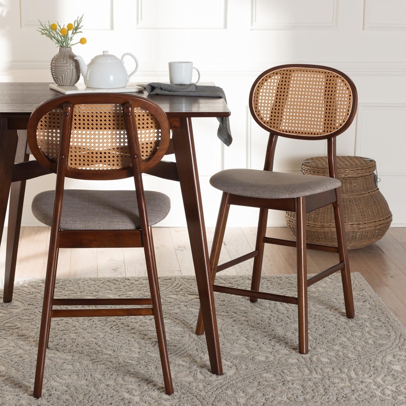 Baxton Studio Darrion Mid-Century Modern Grey Fabric and Walnut Brown Finished Wood 2-Piece Counter Stool Set