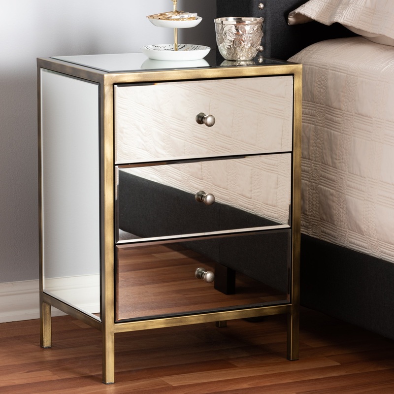 Baxton Studio Nouria Modern and Contemporary Hollywood Regency Glamour Style Mirrored 3-Drawer End Table