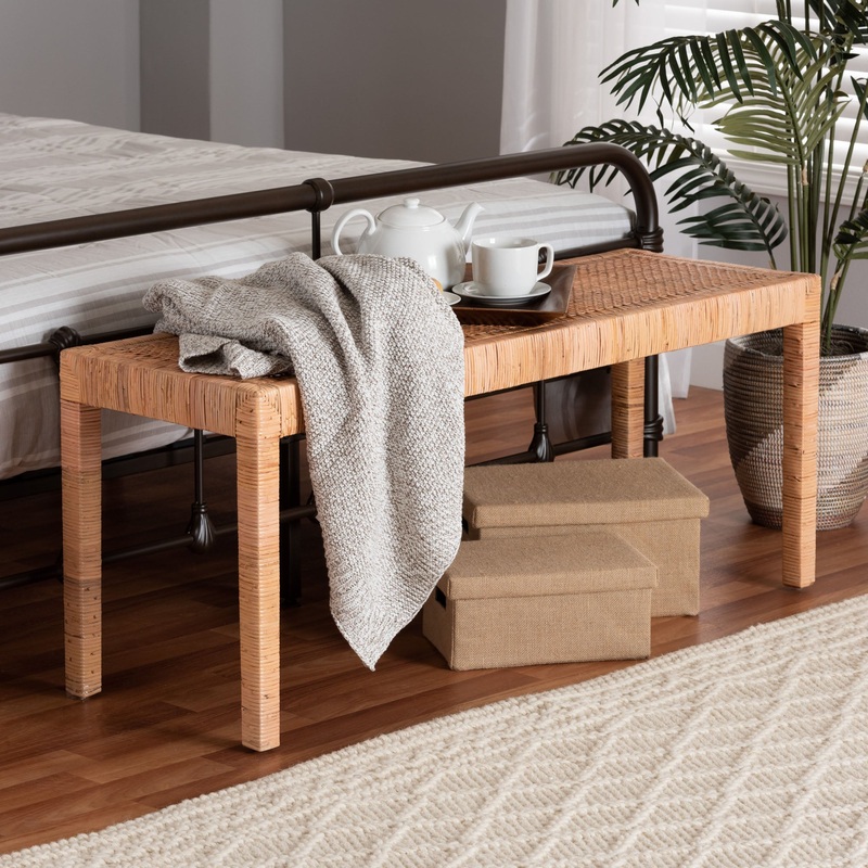 Baxton Studio bali & pari Abelia Modern Bohemian Natural Rattan and Mahogany Wood Long Accent Bench
