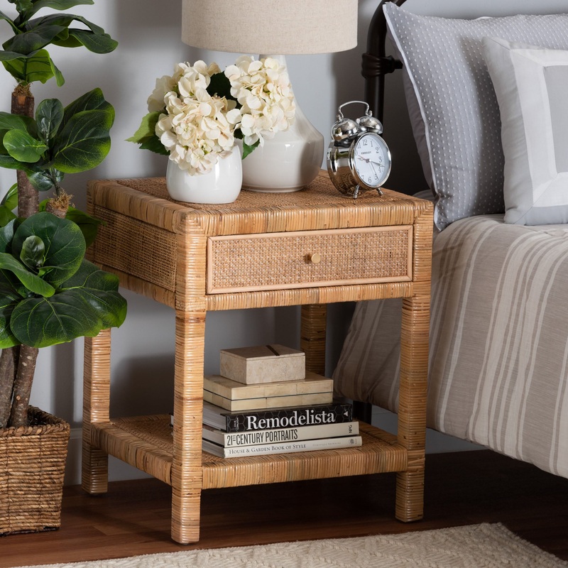 Baxton Studio bali & pari Adelia Modern Bohemian Natural Rattan and Mahogany Wood 1-Drawer Nightstand