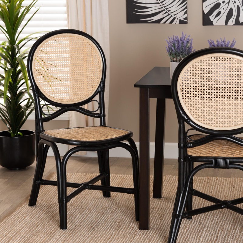 Baxton Studio bali & pari Ayana Mid-Century Modern Two-Tone Black and Natural Brown Rattan Dining Chair