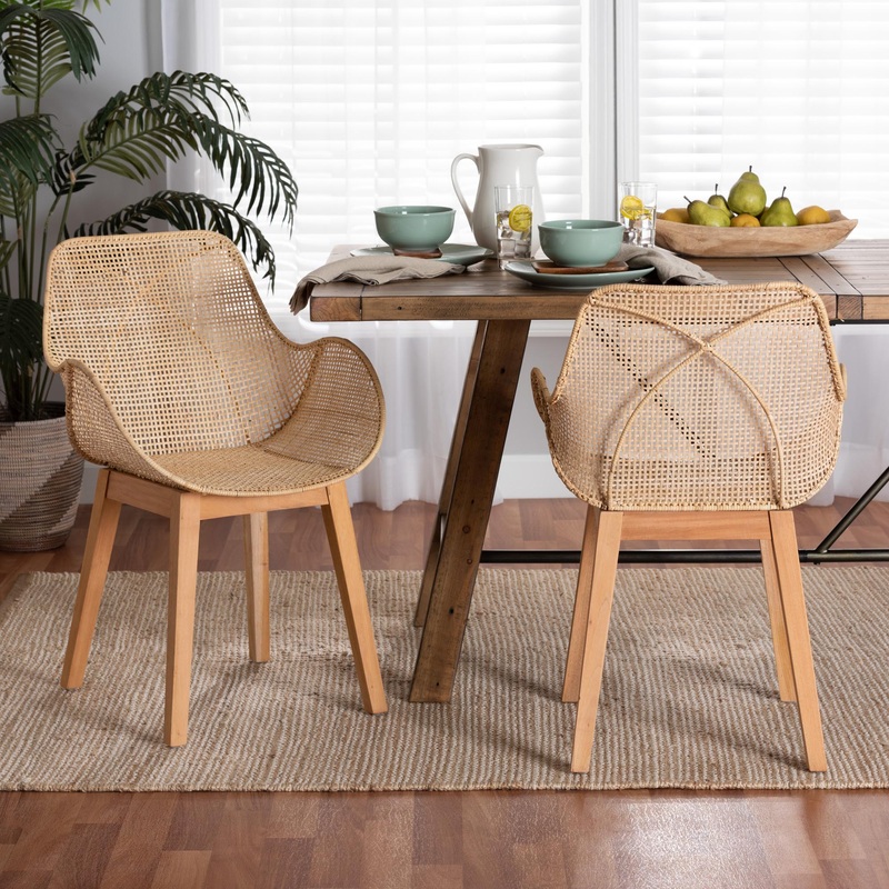 Baxton Studio bali & pari Ballerina Japandi Natural Brown Finished Mahogany Wood and Rattan 2-Piece Dining Chair Set