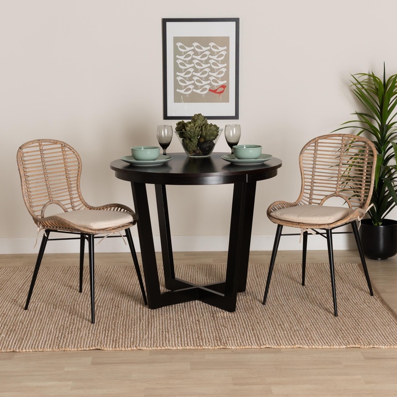 Baxton Studio bali & pari Brenna Modern Bohemian Greywashed Rattan and Black Metal 2-Piece Dining Chair Set