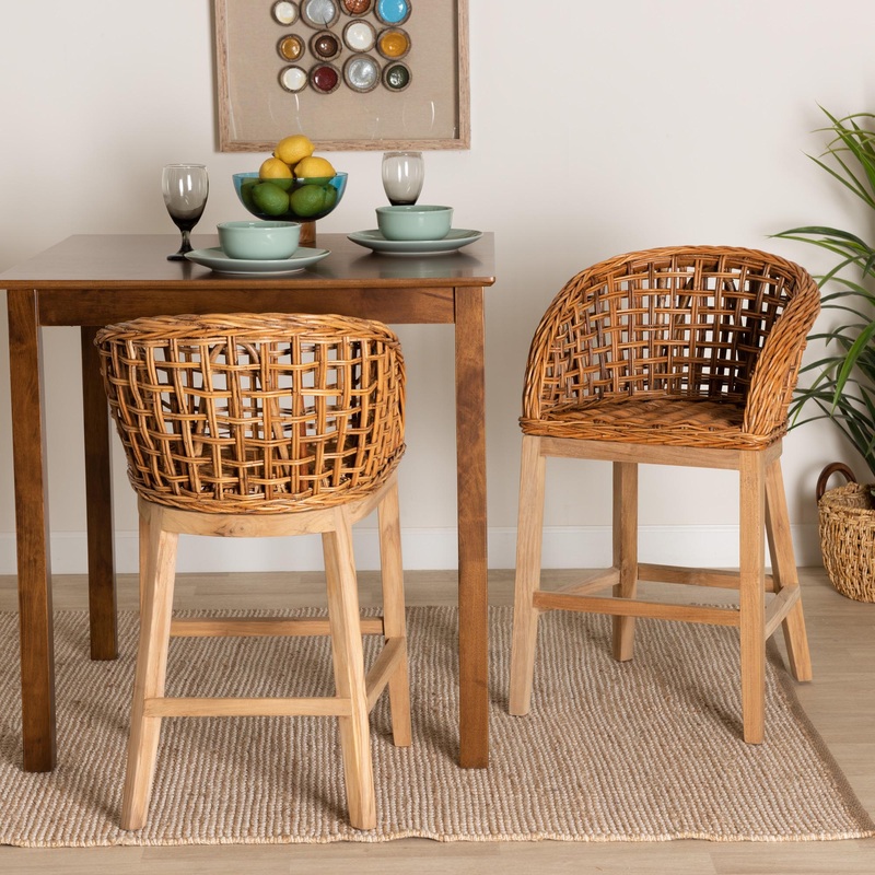 Baxton Studio bali & pari Mario Modern Bohemian Natural Brown Finished Teak Wood and Rattan 2-Piece Counter Stool Set