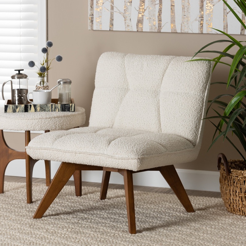 Baxton Studio Darielle Japandi Cream Boucle Fabric and Walnut Brown Finished Rubberwood Accent Chair