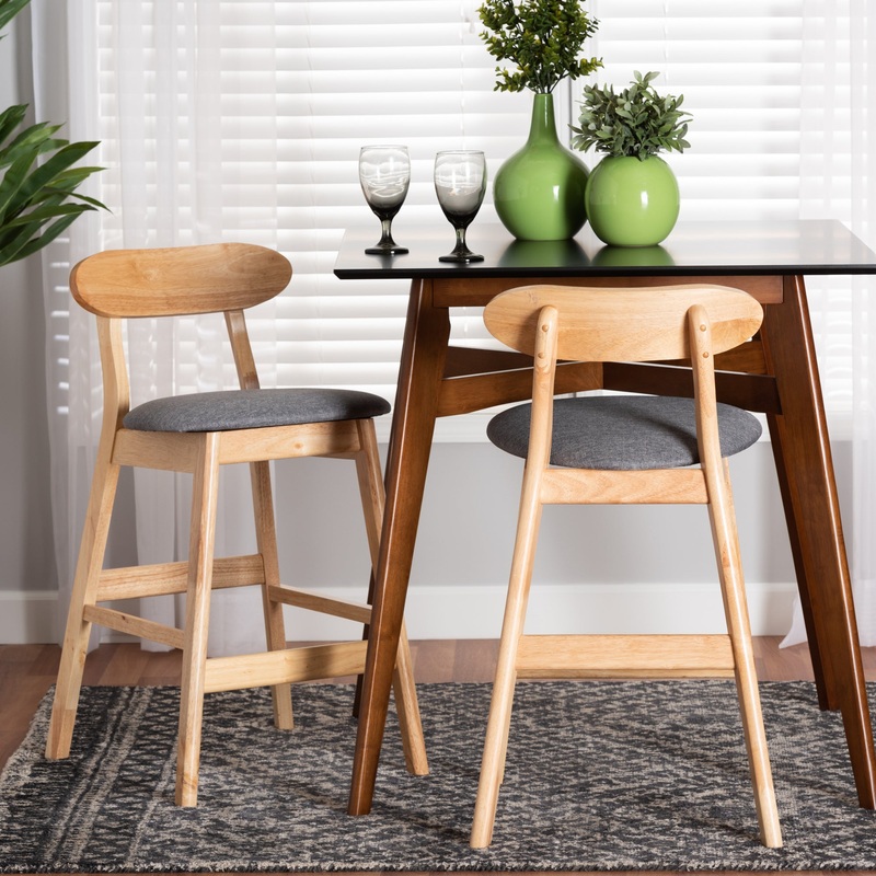 Baxton Studio Ulyana Mid-Century Modern Grey Fabric and Natural Brown Finished Wood 2-Piece Counter Stool Set