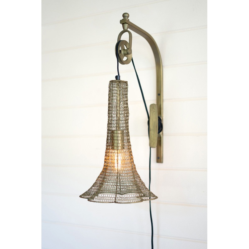 Antique Brass Pulley Wall Lamp With Wire Brass Shade By Kalalou