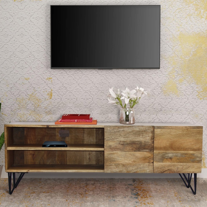 Industrial Style Mango Wood And Metal Tv Stand With Storage Cabinet, Brown By Benzara