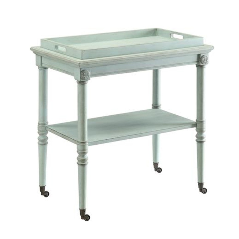 32 Inch 2 Tier Wooden Tray Table With Casters, Antique Gray  By Benzara