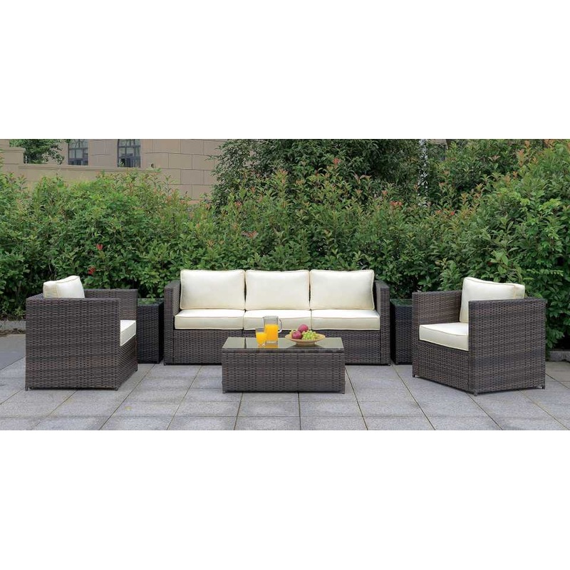 Aluminum Frame Patio Arm Chair With Cushioned Seating, Ivory & Espresso Brown  By Benzara