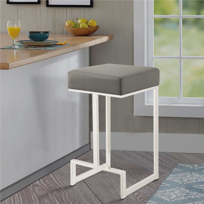 Bar Stool With Upholstered Gray Seat With Chrome Base  By Benzara
