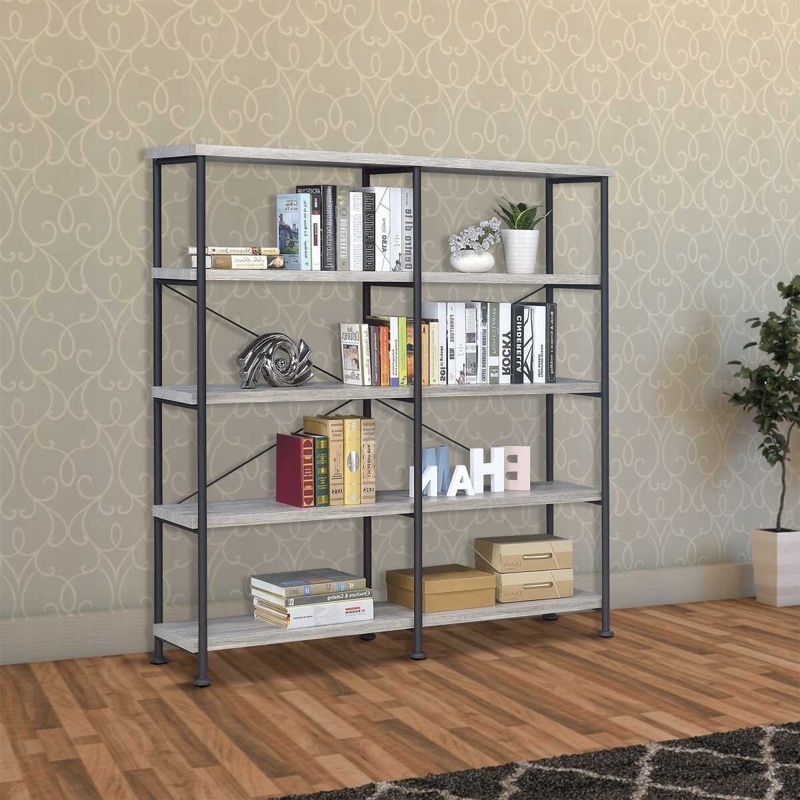 Contemporary Style Wood And Metal Open Bookcase, Gray  By Benzara