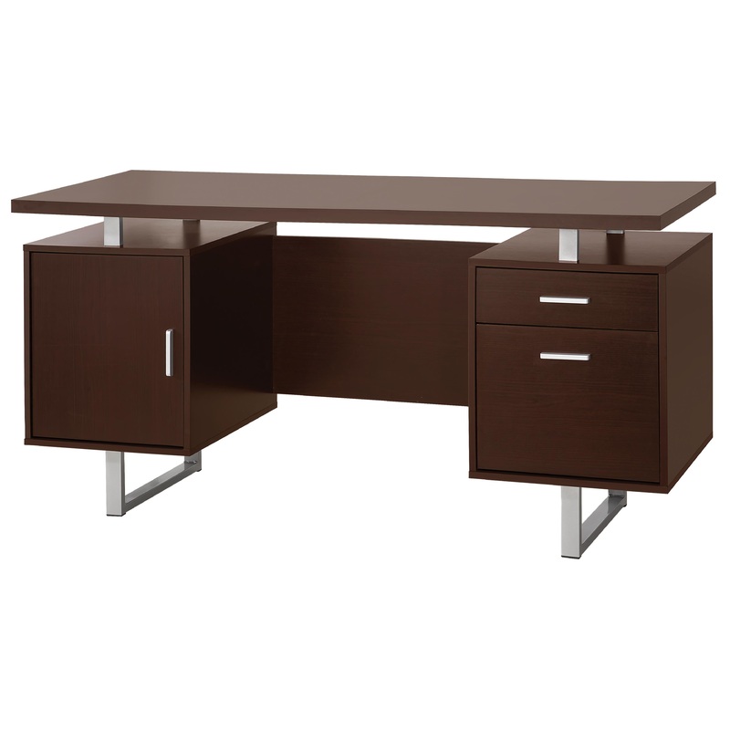 Double Pedestal Office Desk With Metal Sled Legs, Brown  By Benzara