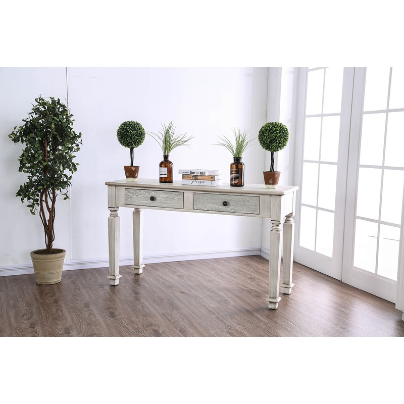 Spacious Wooden Sofa Table With Carved Turned Legs, Antique White  By Benzara