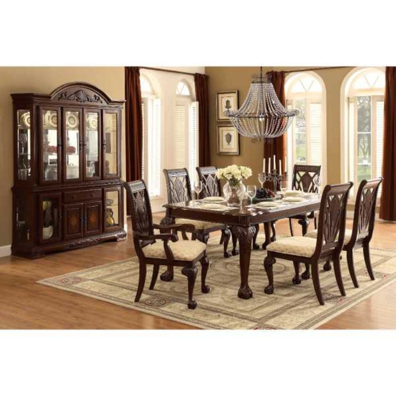Traditional Style Wooden-Fabric Dinning Arm Chair With Carved Details, Brown & Cream, Set Of 2  By Benzara