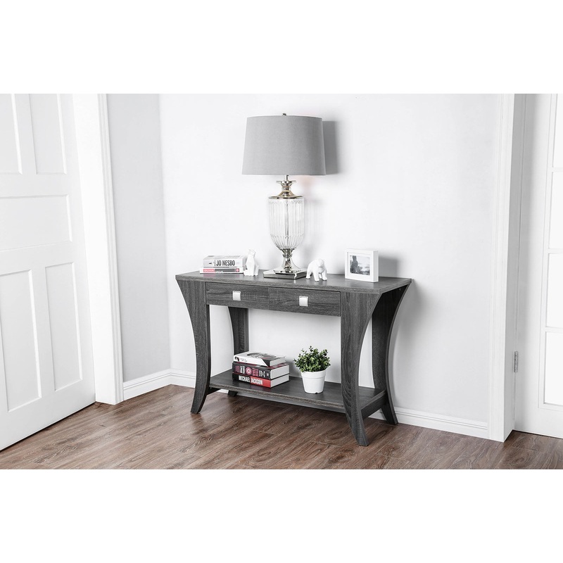 Two Drawers Wooden Sofa Table With Bottom Shelf And Swooping Curled Legs, Gray  By Benzara