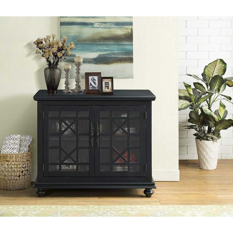 Wooden Tv Stand With Trellis Detailed Doors, Antique Black  By Benzara