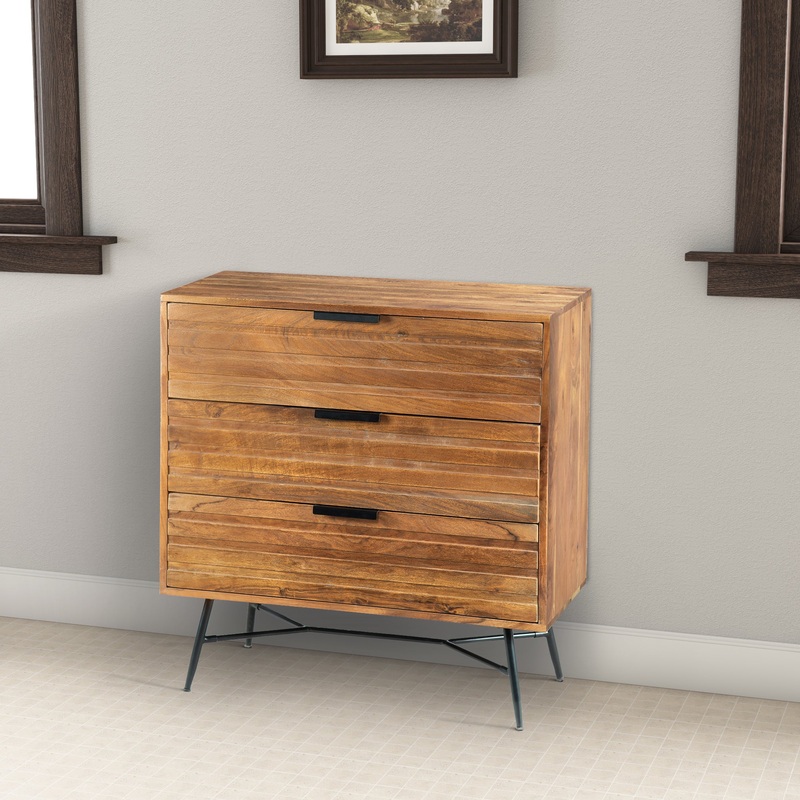 3 Drawer Wooden Chest With Slanted Metal Base, Brown And Black By Benzara