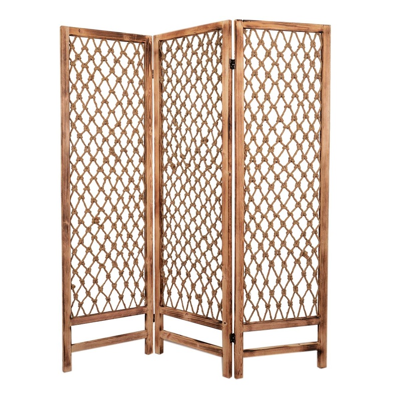 3 Panel Traditional Foldable Screen With Rope Knot Design, Brown By Benzara