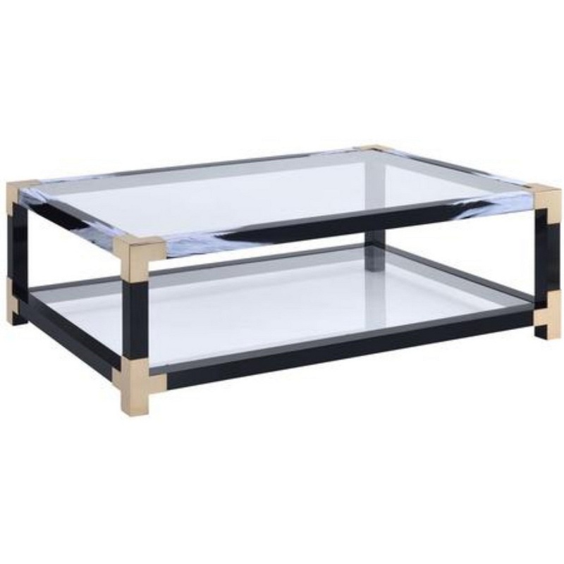 34 Inch Glass Top Rectangular Metal Coffee Table, Black By Benzara
