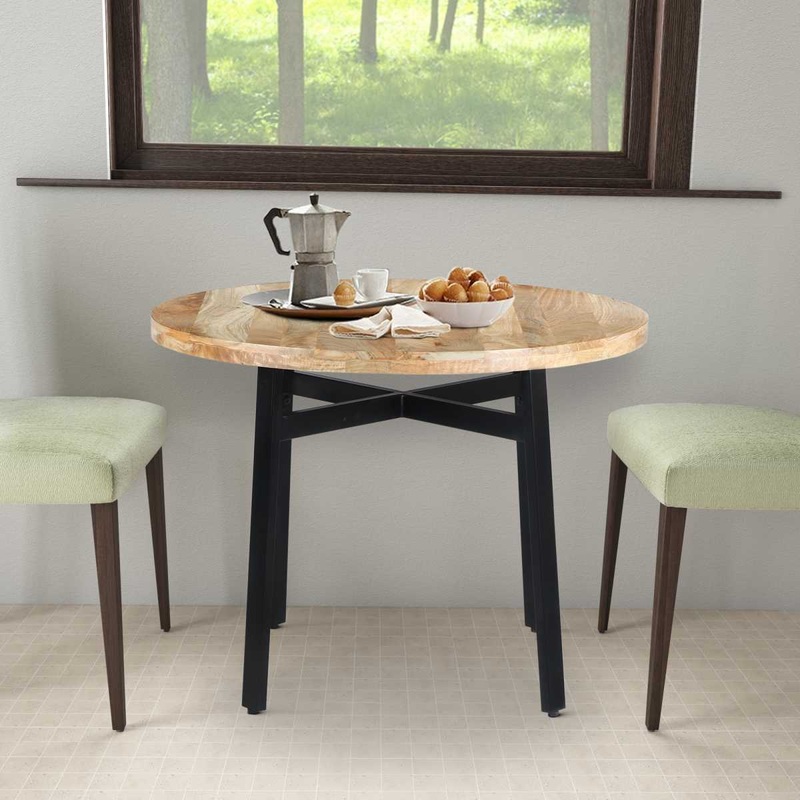39 Inch Round Mango Wood Dining Table With Angled Iron Leg Support, Brown And Black By Benzara