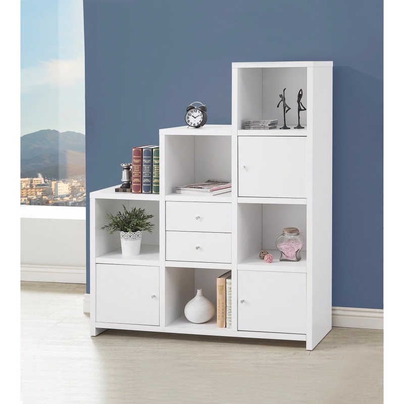 Asymmetrical Bookcase With Cube Storage Compartments, White  By Benzara