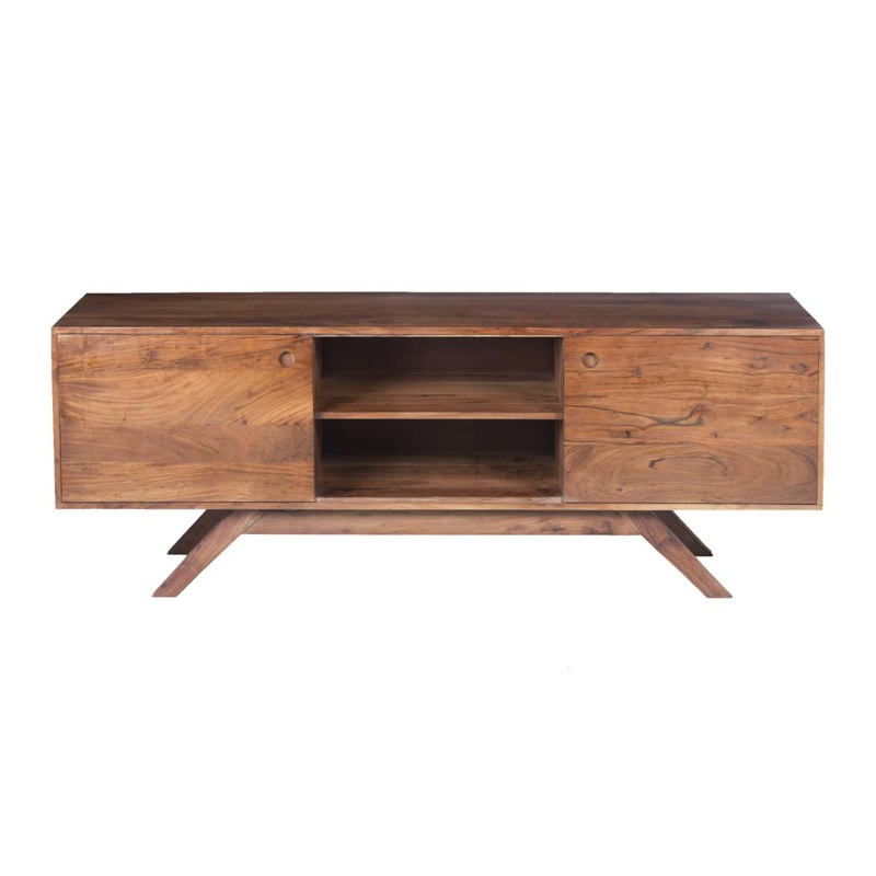 Mid Century Modern Acacia Wood Tv Unit With Wide Storage, Walnut Brown By Benzara