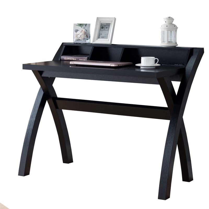 Multifunctional Wooden Desk With Electric Outlet And Trestle Base, Black By Benzara
